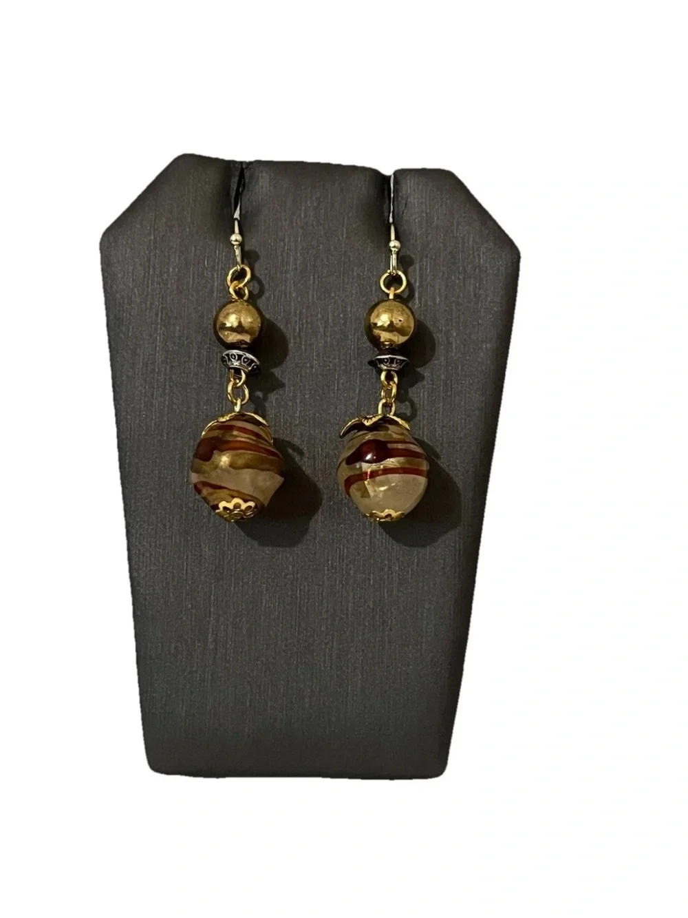 Handcrafted Brown Swirl Bead Dangle Earrings Gold Tone Bohemian Statement